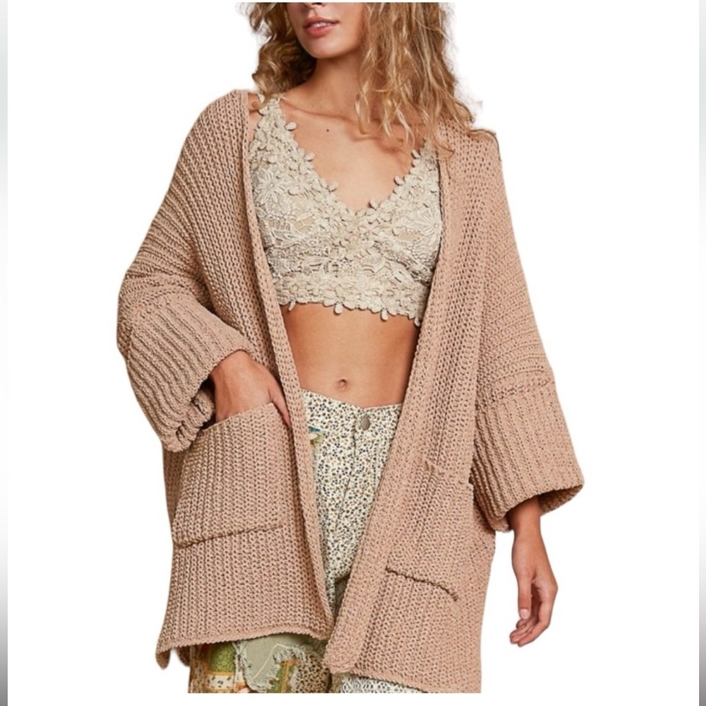 POL Powder Cocoa Oversized Cropped Sleeve Pockets Solid Sweater Cardigan Size S